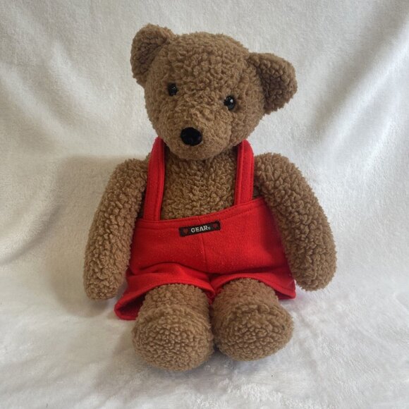 15" GUND GEAR BEAR 1986 Rattle Plush Red Overalls Brown Sherpa Vintage Teddy Tan - Picture 1 of 6
